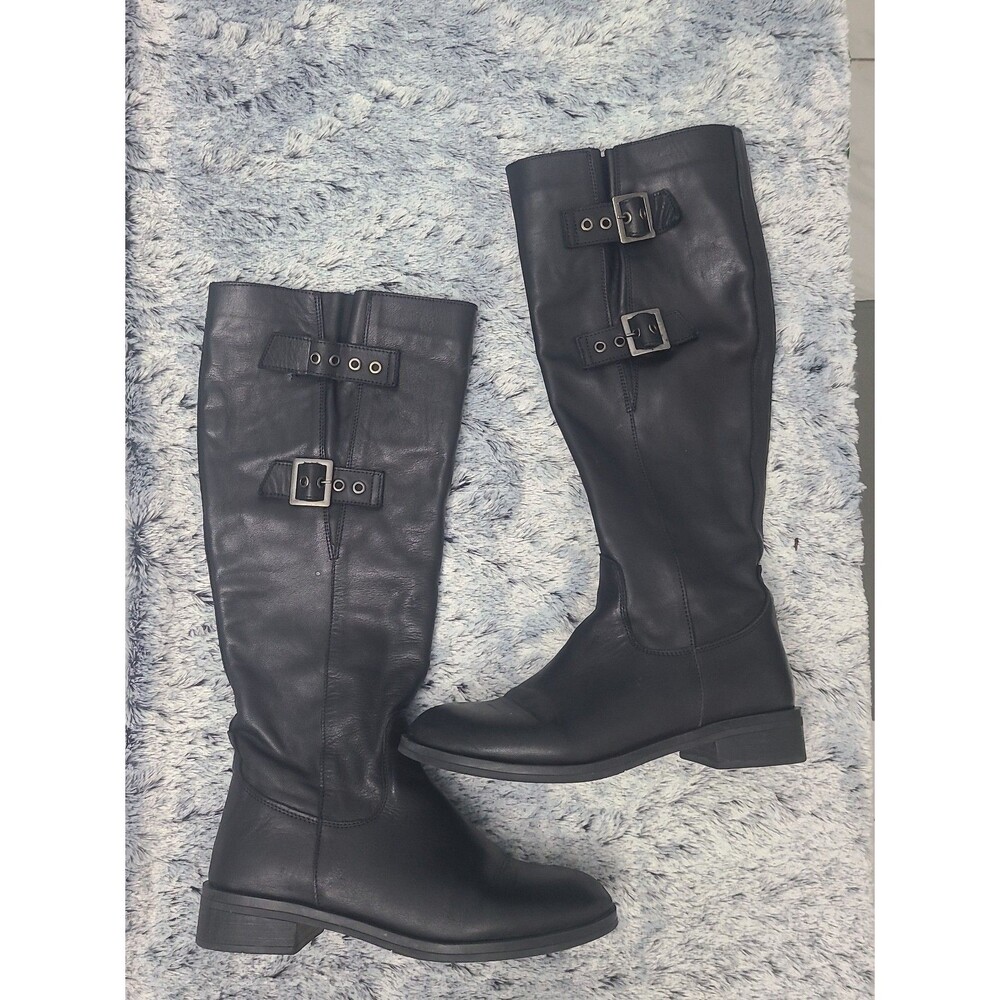 Jaymes black leather tall riding boots featuring double buckle strap Size 10